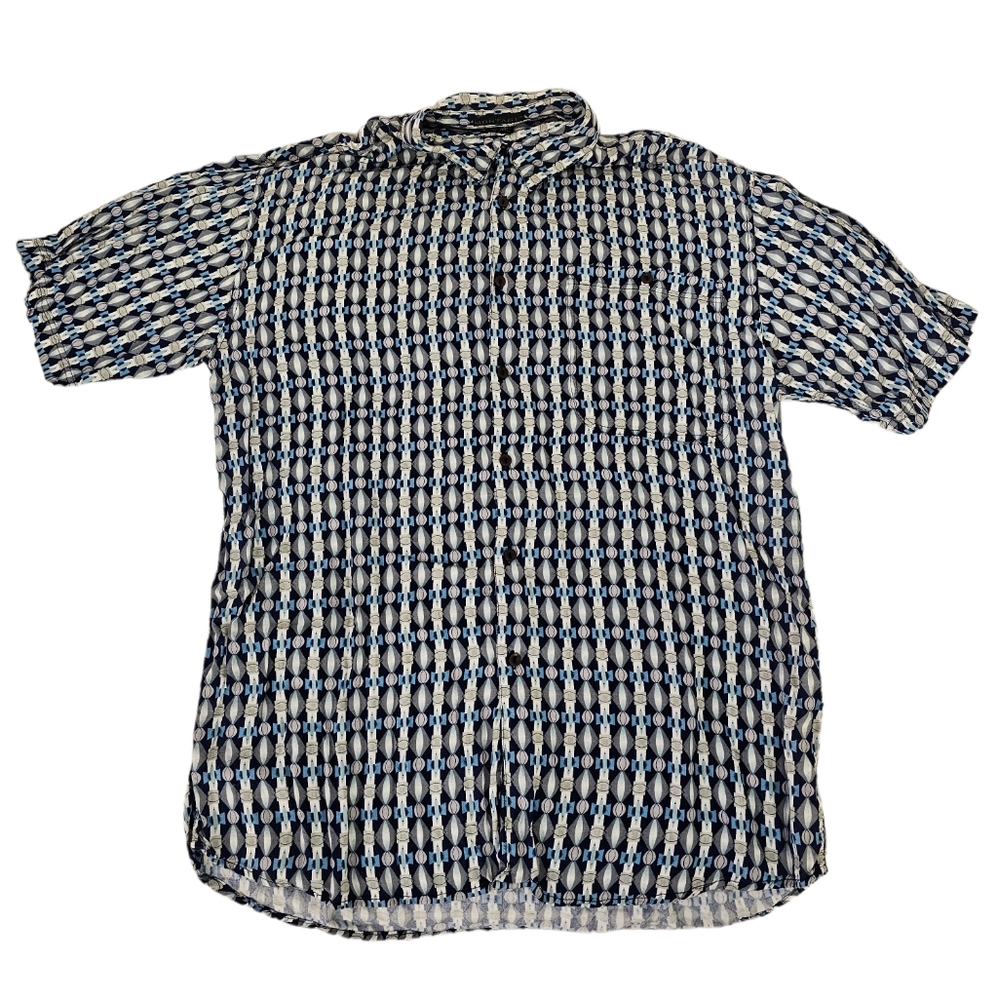Montage Hawaiian Camp Shirt Mens Large L Blue White Geometric Short Sleeve Rayon